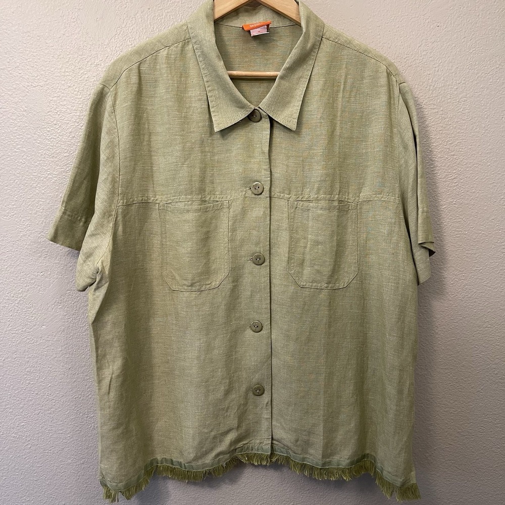 Hearts‎ Of Palm Women's Linen Button Up Shirt Fringe Green Vacation Resort Sz 18